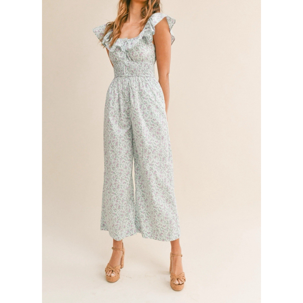 Mable Murphy Jumpsuit Floral Ruffle Sleeveless Smocked Wide Leg Cottage Prairie
